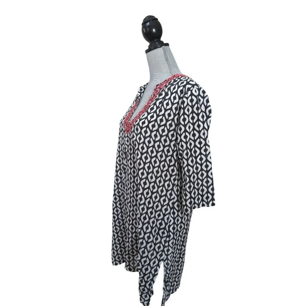 Echo Cover Up Dress‎ Womens M Black White Beaded V-Neck